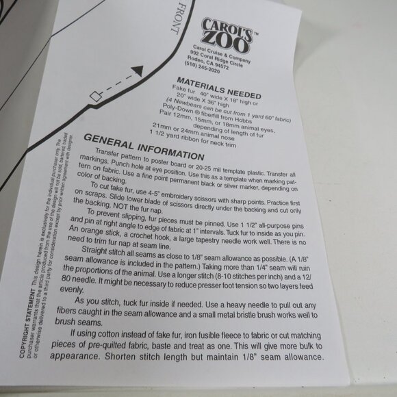 Carol's Zoo Newbear Sewing Pattern Teddy Bear UNCUT 1990s Stuffed Animal - Picture 4 of 5